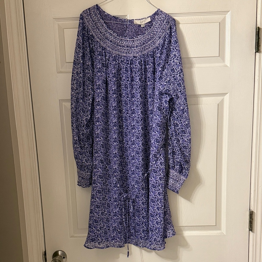 LOFT Lavender Patterned Dress with Smocked Neckline